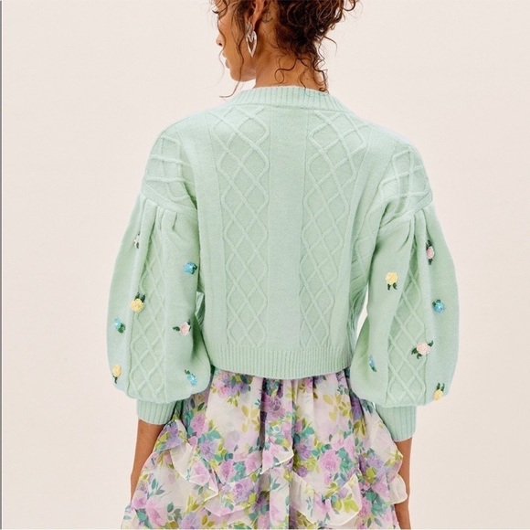FLL Sweater Sutton Cardigan Cropped Sequin Floral Knit Puff-Sleeve Mint M NWT - Picture 9 of 9